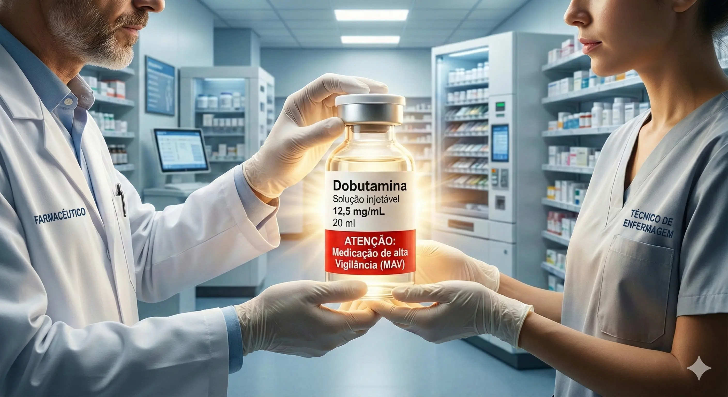 Farmacêutico e Técnico de Enfermagem conferindo medicação